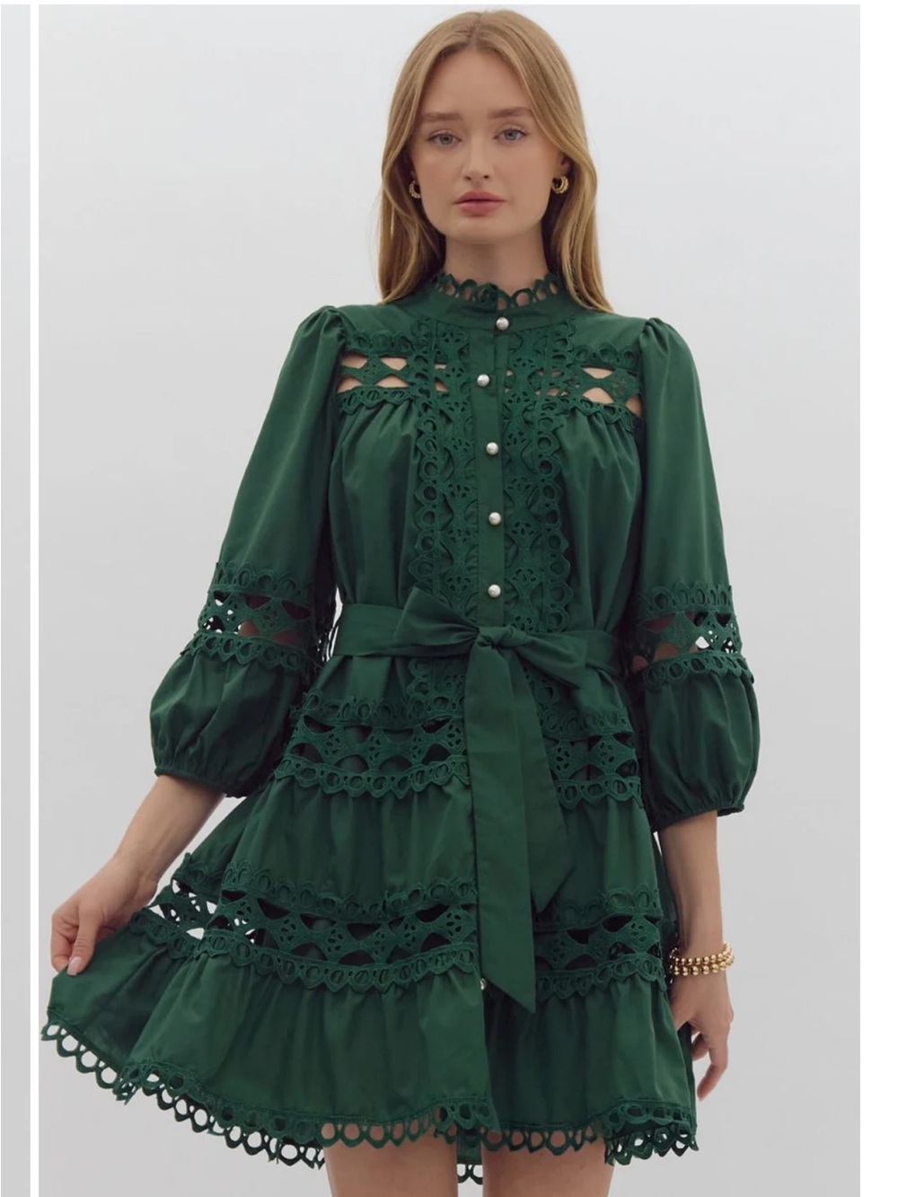 ENTRO Green Long Sleeve Lace-Trim pearl Button Front Dress - Picture 3 of 10